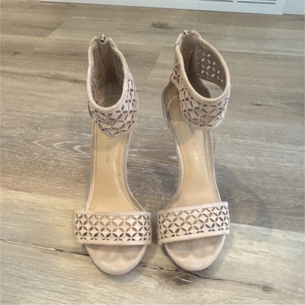 Antonio Melani Beige Suede Cut-Out Strappy Zipper Stiletto Heels for Women
